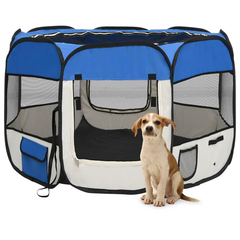 vidaXL Blue Foldable Dog Playpen with Carrying Bag (35.4"x35.4"x22.8")