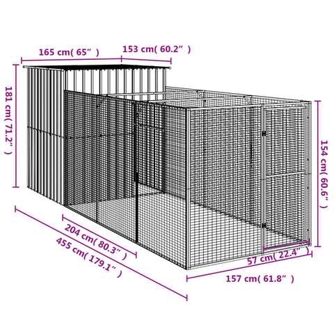 vidaXL Dog House with Run Anthracite 65"x179.1"x71.3" Galvanized Steel