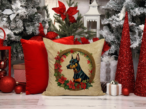 Doberman Pinscher Christmas Flowers Throw Pillow