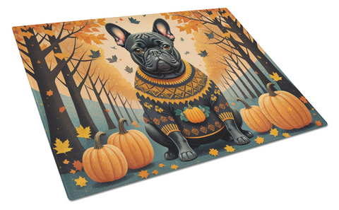 Black French Bulldog Fall Glass Cutting Board