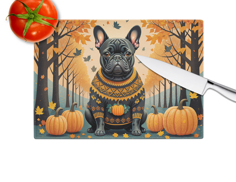 Black French Bulldog Fall Glass Cutting Board