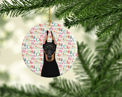 Doberman Pinscher Black and Rust Cropped Ears Christmas Ceramic Ornament