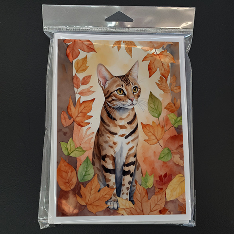 Ocicat Cat in Fall Leaves Greeting Cards Pack of 8