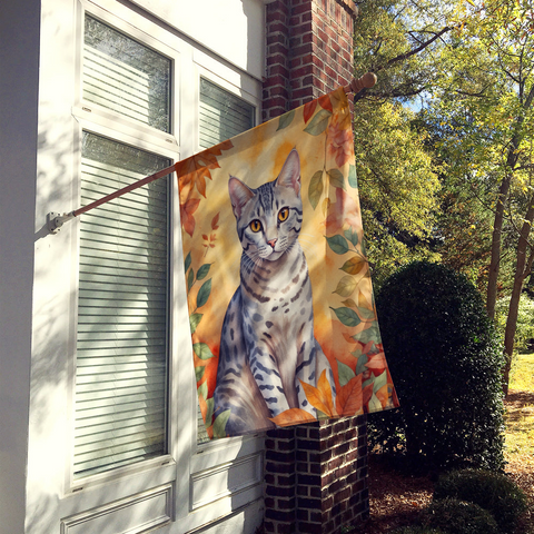 Egyptian Mau Cat in Fall Leaves House Flag