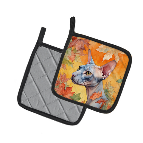 Donskoy Don Sphynx Cat in Fall Leaves Pair of Pot Holders