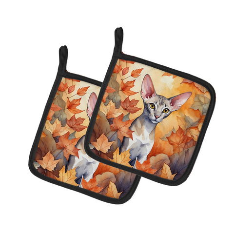 Oriental Shorthair Cat in Fall Leaves Pair of Pot Holders