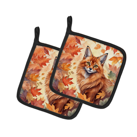 Somali Cat in Fall Leaves Pair of Pot Holders