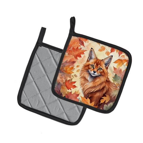 Somali Cat in Fall Leaves Pair of Pot Holders