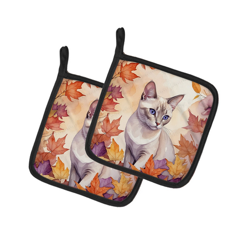 Thai Lilac Cat in Fall Leaves Pair of Pot Holders