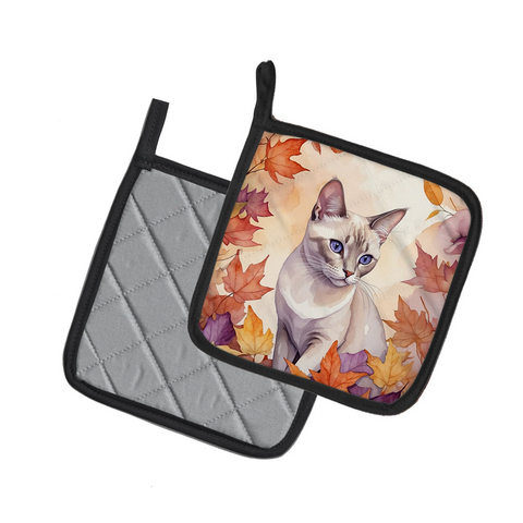 Thai Lilac Cat in Fall Leaves Pair of Pot Holders