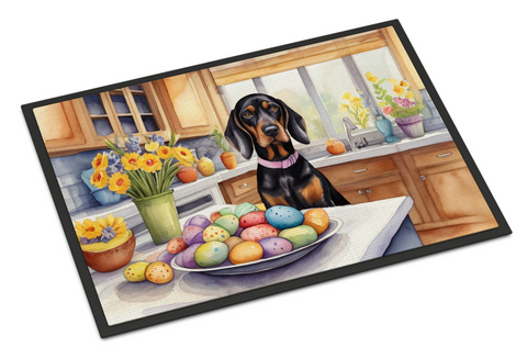 Decorating Easter Black and Tan Coonhound Doormat