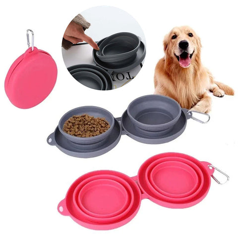 Double Collapsible Pet Food and Water Bowls with Carabiner Clip