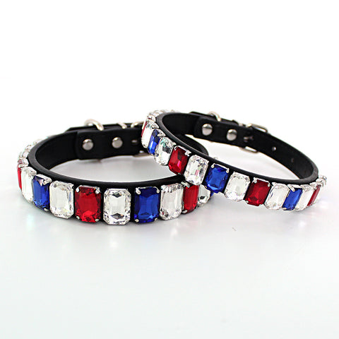 Leather Dog Collar wrapped with crystals in USA Flag colors (red, white and blue)